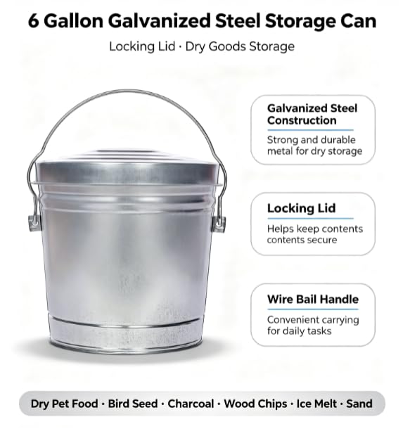 Galvanized Steel 6 Gallon Storage Can with Locking Lid H442