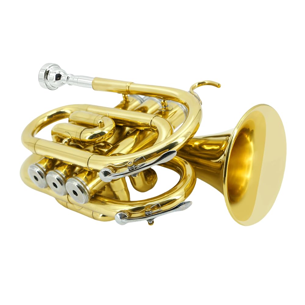 Pocket Trumpet Mini Brass Instrument with 7C Mouthpiece & Case R4174