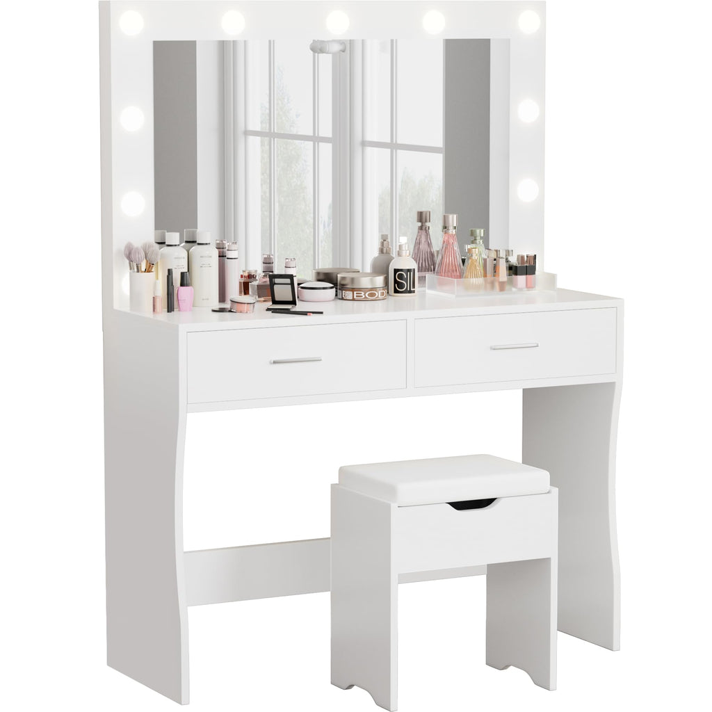 White Vanity Desk Set with Lighted Mirror and 2 Drawers F537