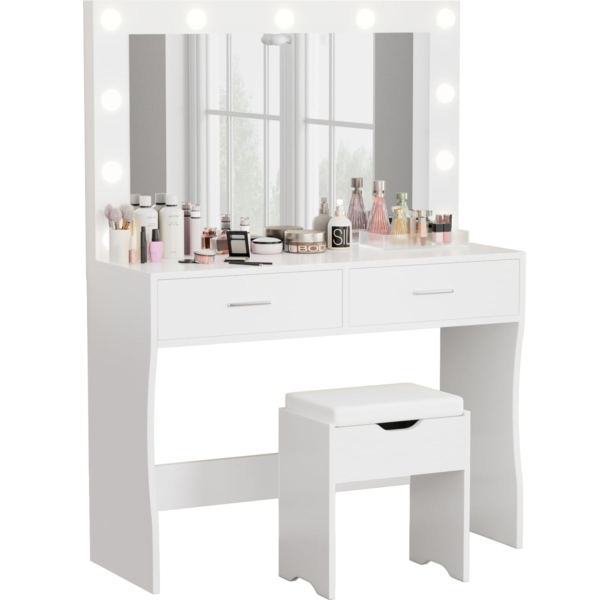 White Vanity Desk Set with Lighted Mirror and 2 Drawers F537