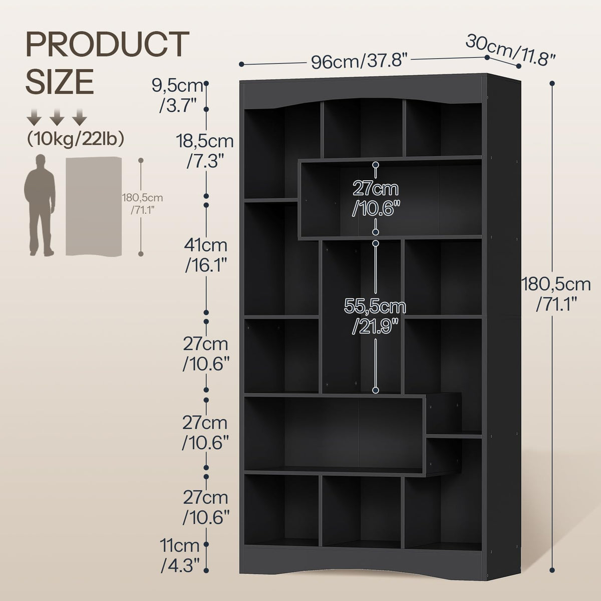 6-Tier Black Bookshelf with Open Shelves O13740