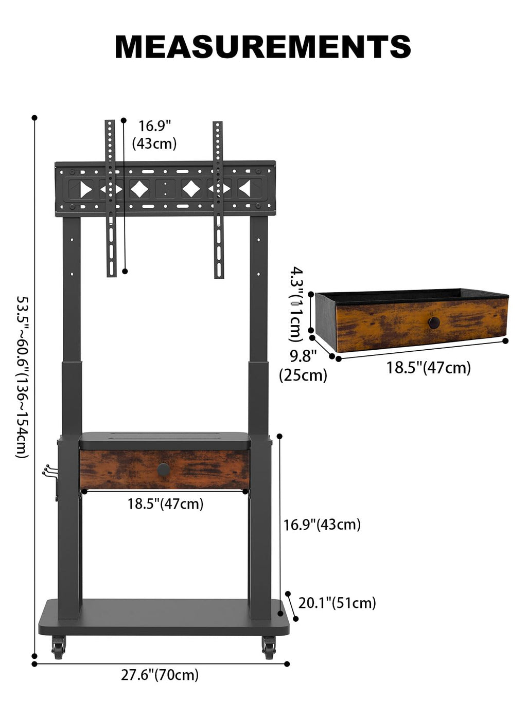 Rolling TV Stand with Fabric Drawer Storage for 32-75 Inch Flat/Curved Screen O56734