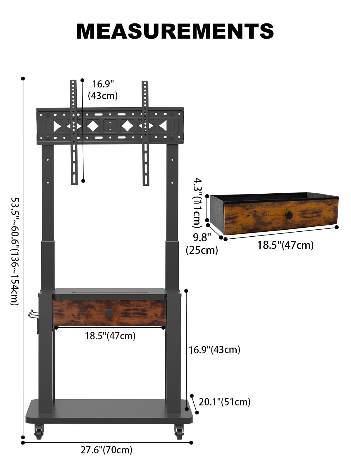 Rolling TV Stand with Fabric Drawer Storage for 32-75 Inch Flat/Curved Screen O56734