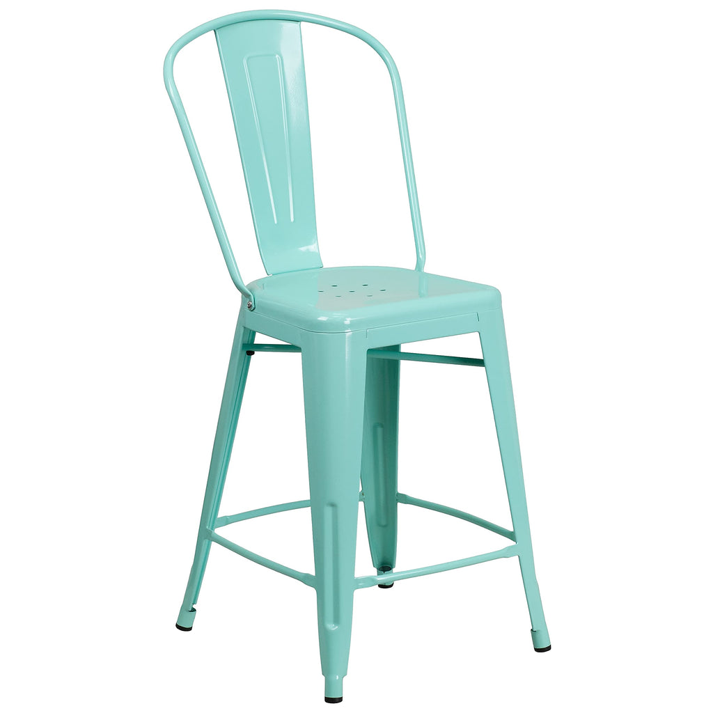 Mint Green Metal Counter Height Stool with Back F8661