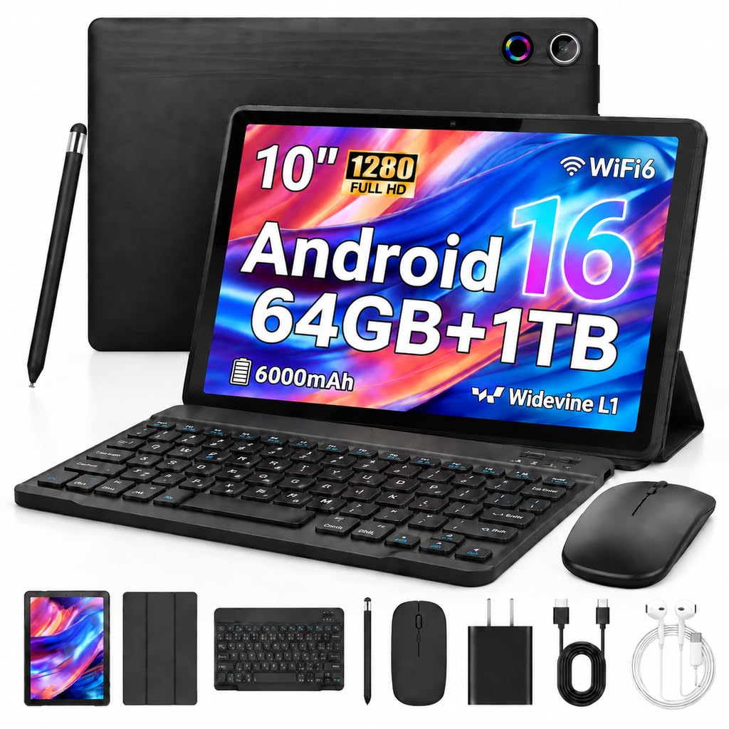 Android 16 Tablet with Keyboard Mouse Stylus Case, 64GB ROM 10.1 inch HD IPS Screen, 6000mAh Battery, WiFi 6 Tablets Bundle H82670