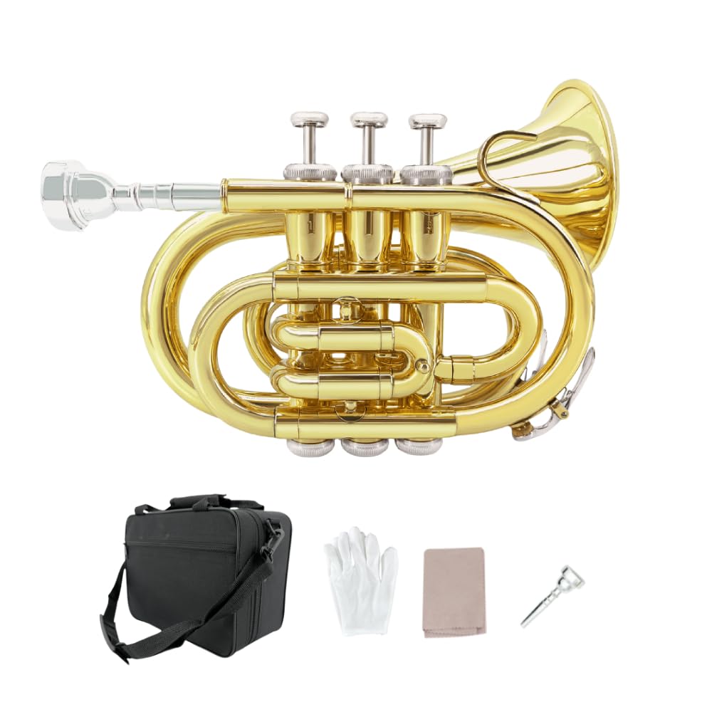 Pocket Trumpet Mini Brass Instrument with 7C Mouthpiece & Case R4174