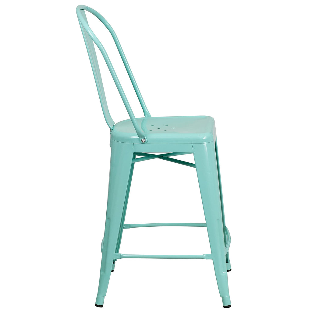 Mint Green Metal Counter Height Stool with Back F8661