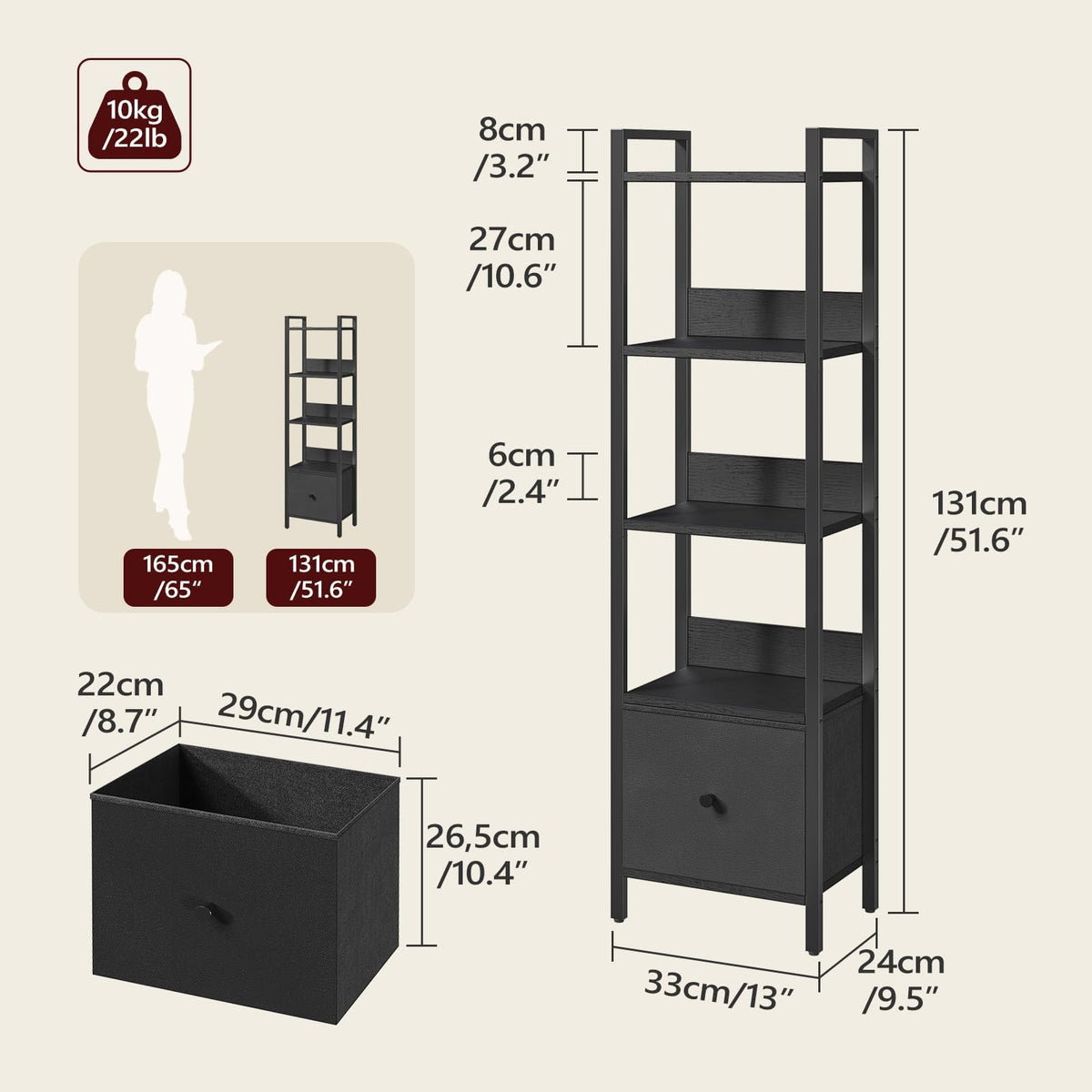 Black 5-Tier Bookshelf with Drawer Q46503