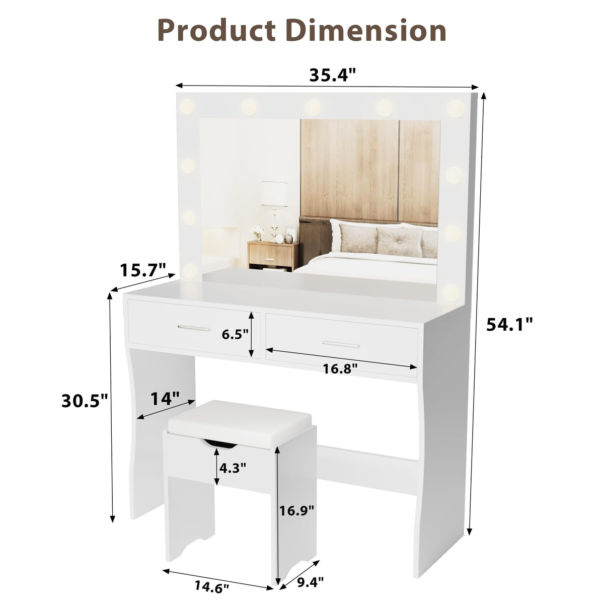 White Vanity Desk Set with Lighted Mirror and 2 Drawers F537