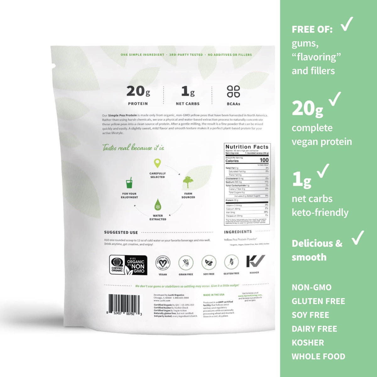 Organic Pea Protein Powder, Unflavored, 5 Pound R673864
