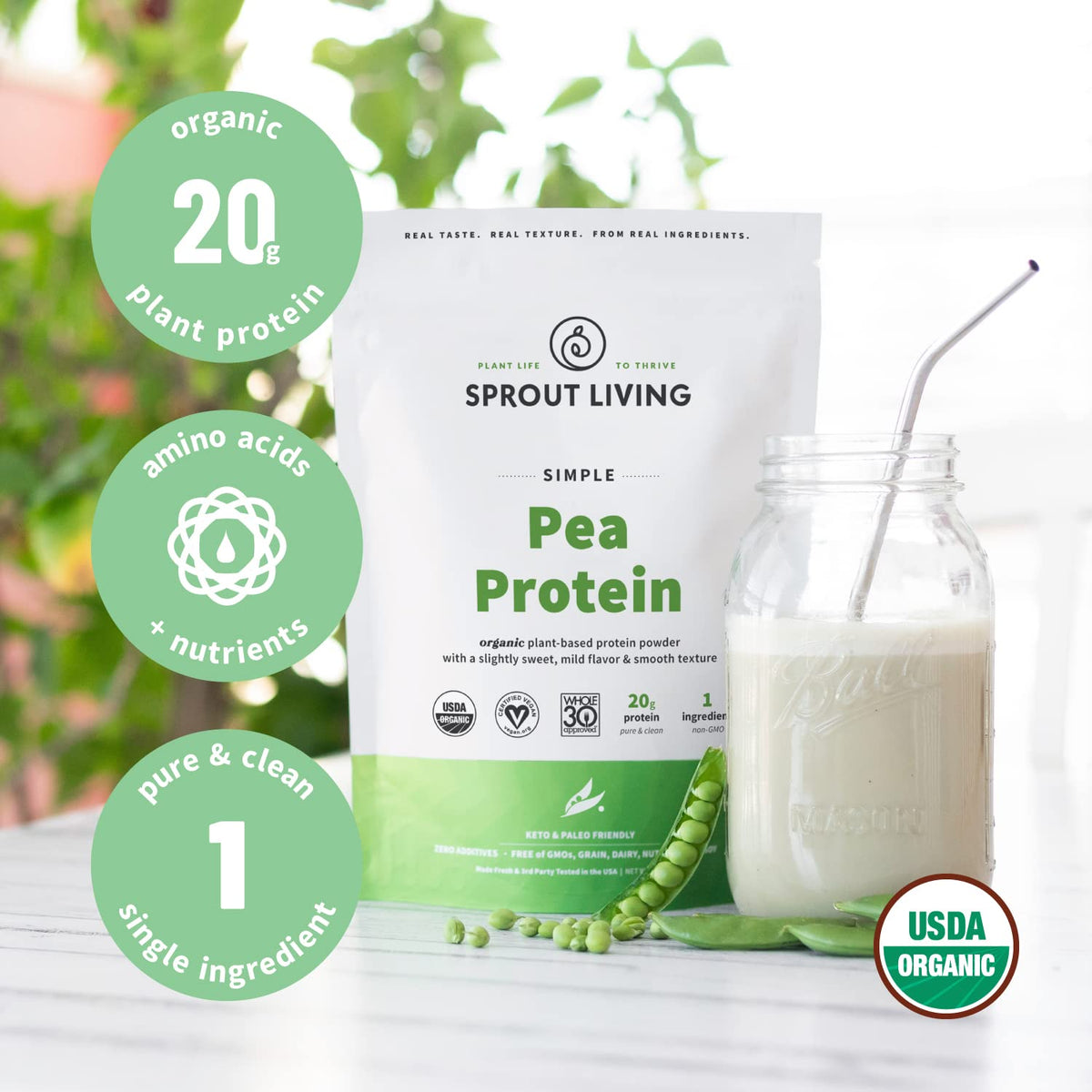 Organic Pea Protein Powder, Unflavored, 5 Pound R673864