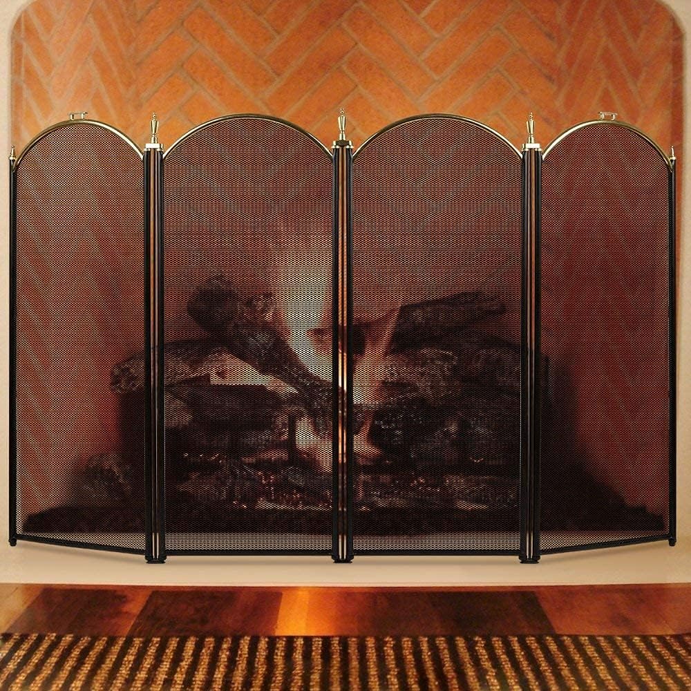 Large Gold 4 Panel Wrought Iron Fireplace Screen W538