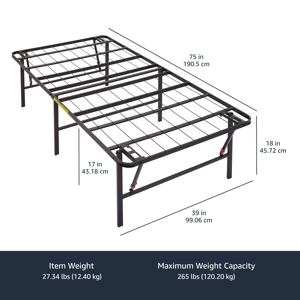 Foldable Metal Platform Bed Frame, 18 Inches High, Twin Size, Black I272