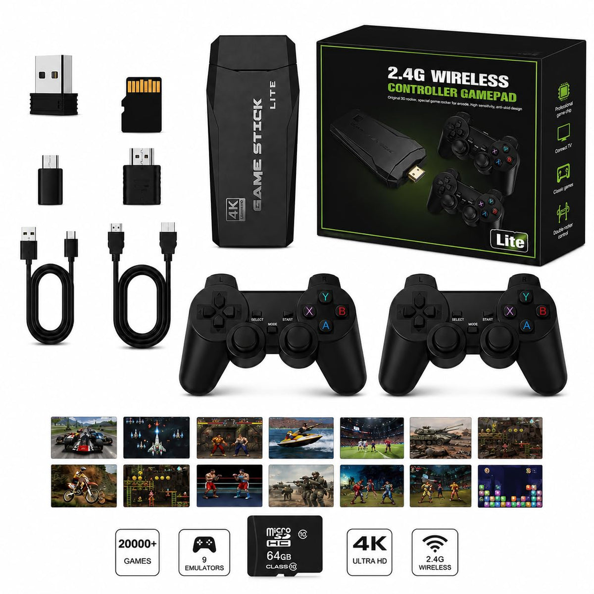 Wireless Retro Game Console Stick with 2.4G Controllers, 4K HDMI, 32G C6072