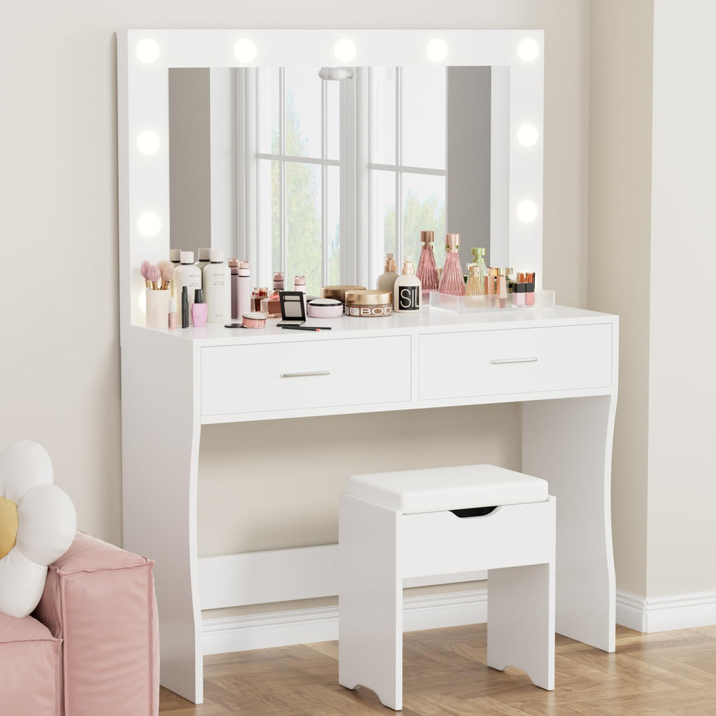 White Vanity Desk Set with Lighted Mirror and 2 Drawers F537