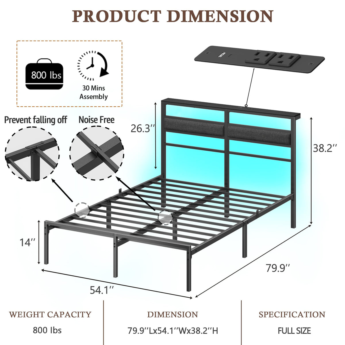 Full Size Black Platform Bed with LED Lights & Charging Z279