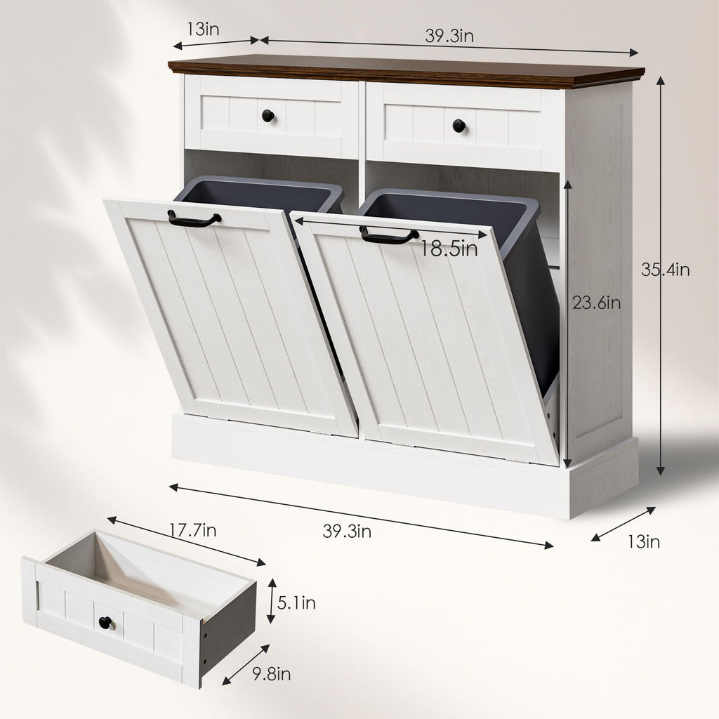 20 Gallons Tilt Out Trash Cabinet with Drawer, White I153214
