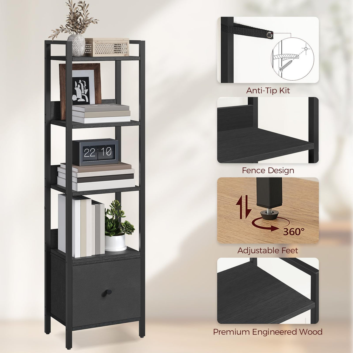 Black 5-Tier Bookshelf with Drawer Q46503