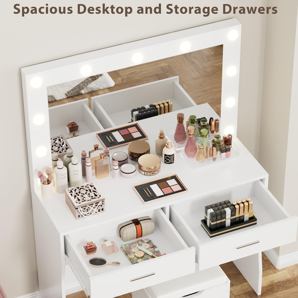 White Vanity Desk Set with Lighted Mirror and 2 Drawers F537