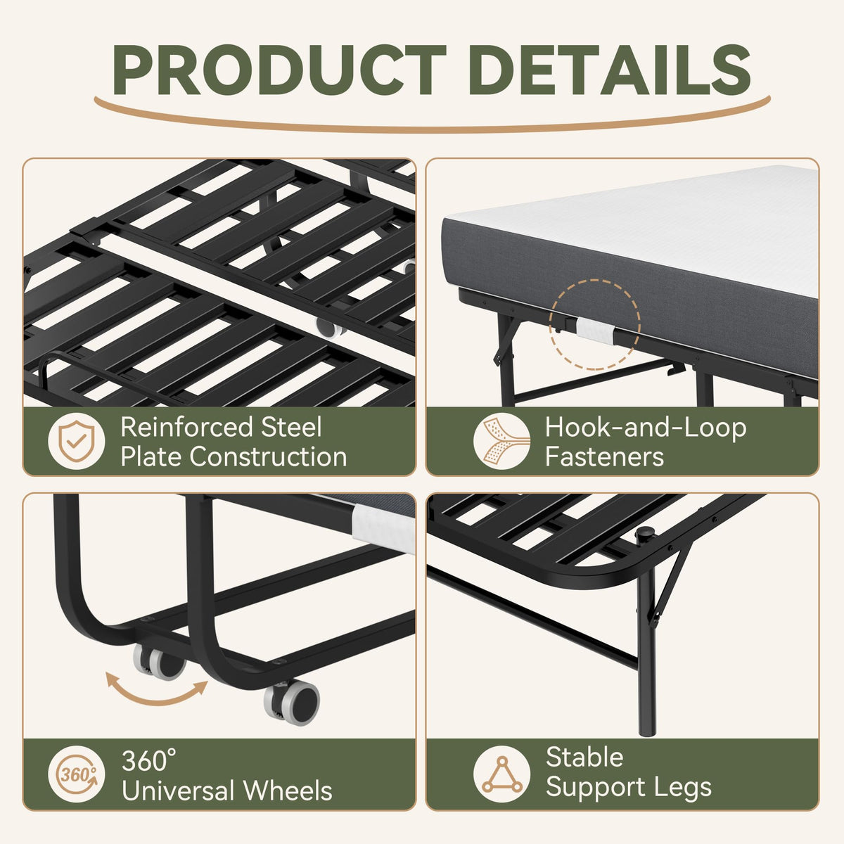 75" L x 38" W Folding Bed with Steel Frame and Memory Foam Mattress C407
