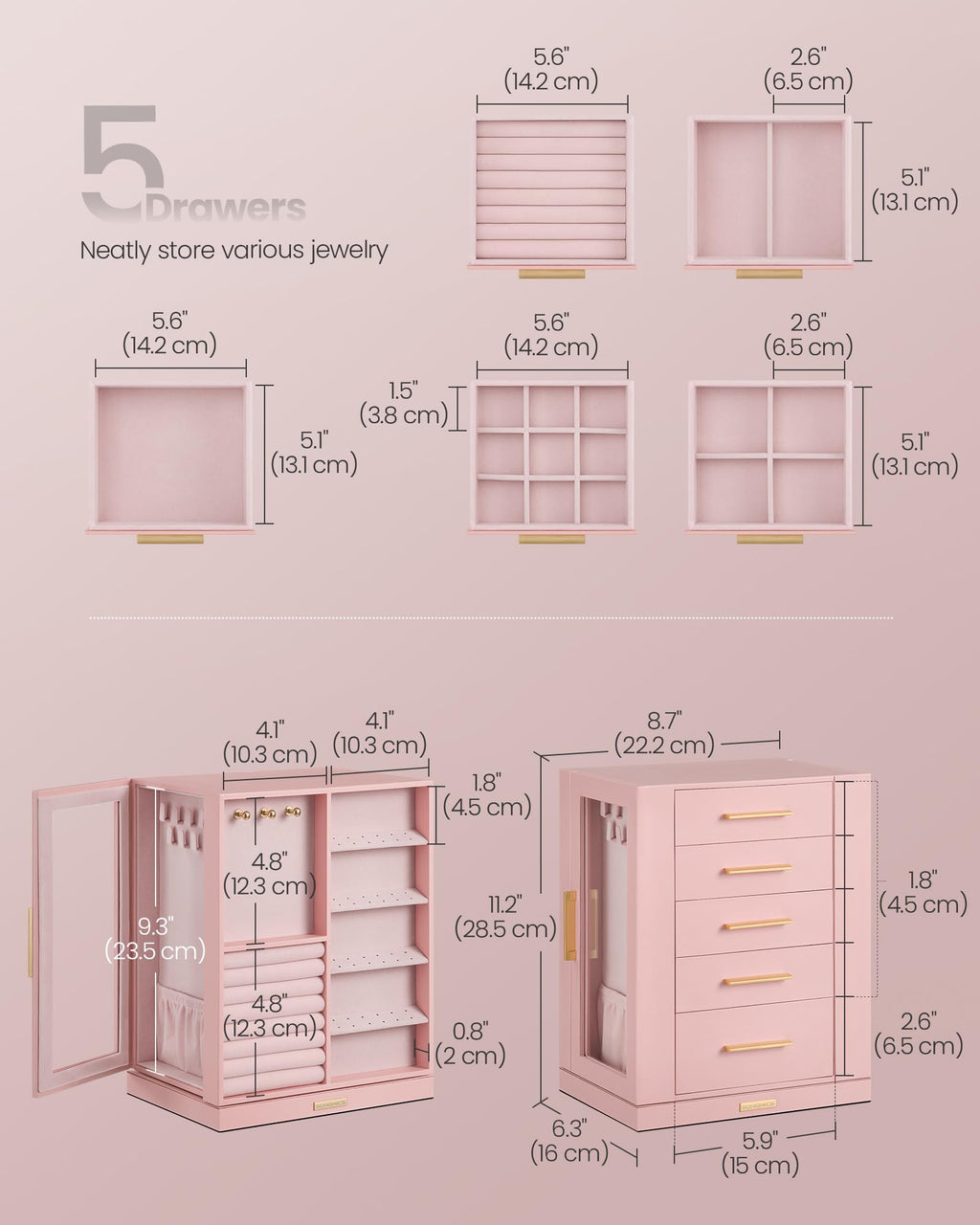 Jelly Pink 5 Drawers Rotating Jewelry Box Organizer Z8793