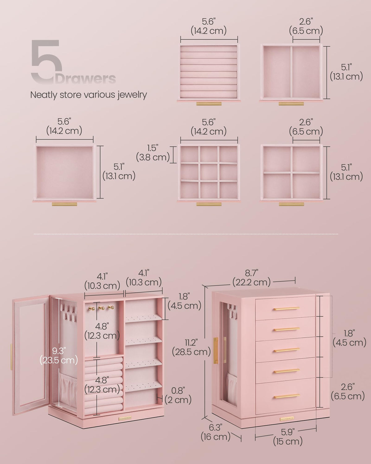Jelly Pink 5 Drawers Rotating Jewelry Box Organizer Z8793