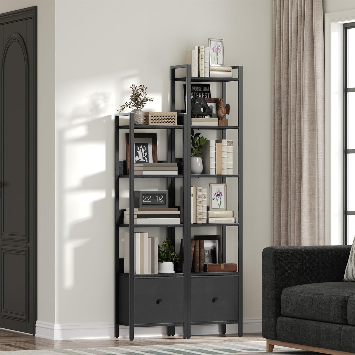 Black 5-Tier Bookshelf with Drawer Q46503