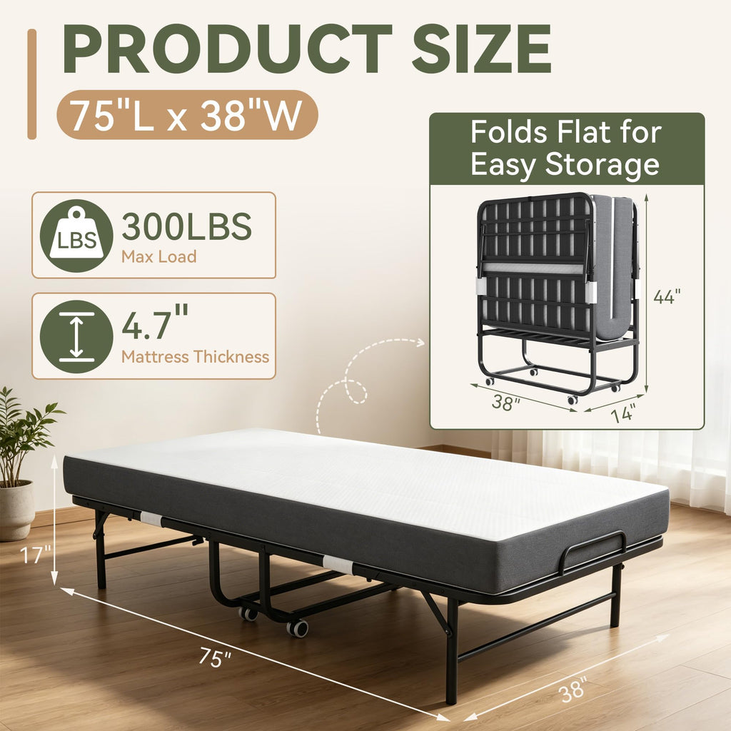 75" L x 38" W Folding Bed with Steel Frame and Memory Foam Mattress C407