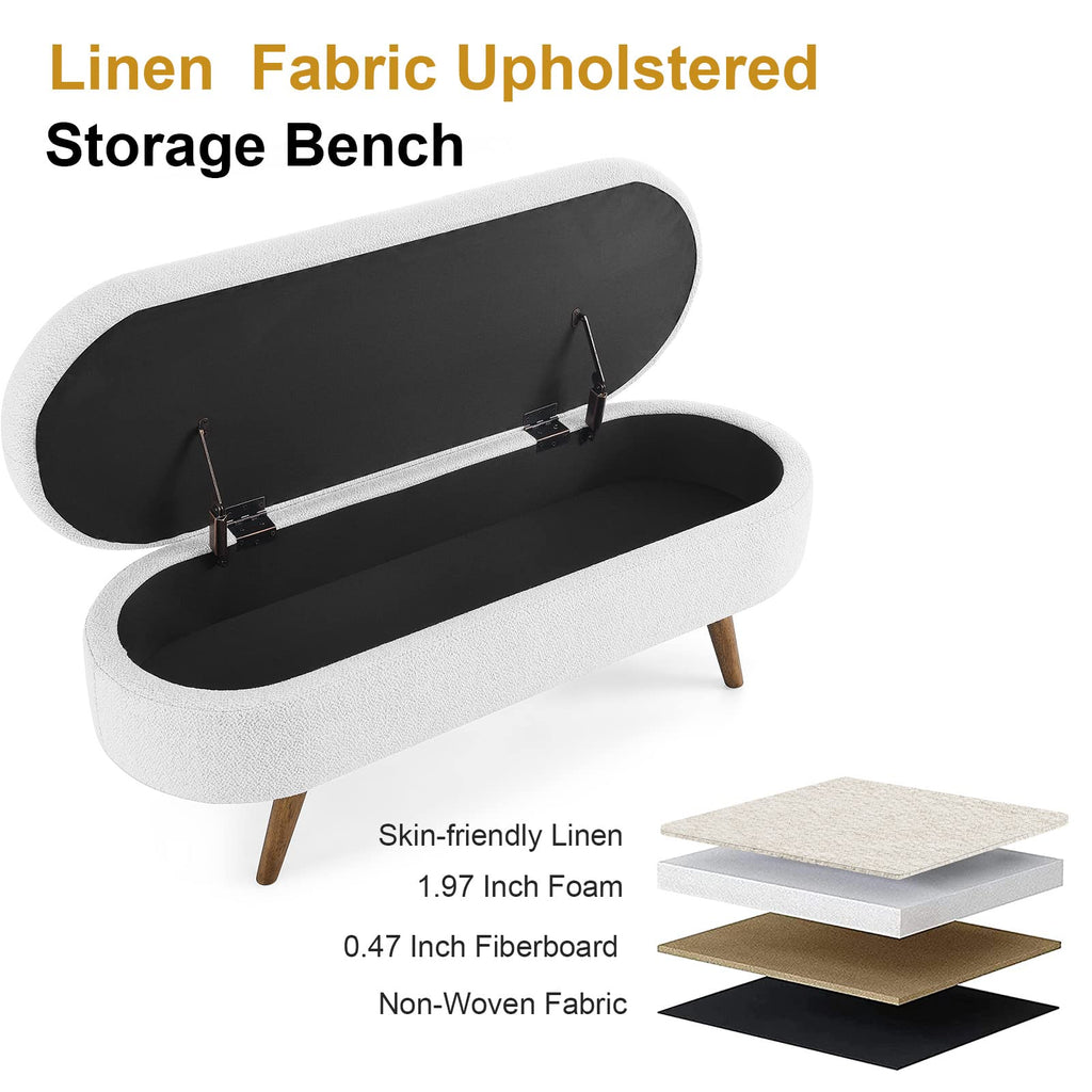White Linen Fabric Upholstered Storage Bench with Solid Wood Legs N7251