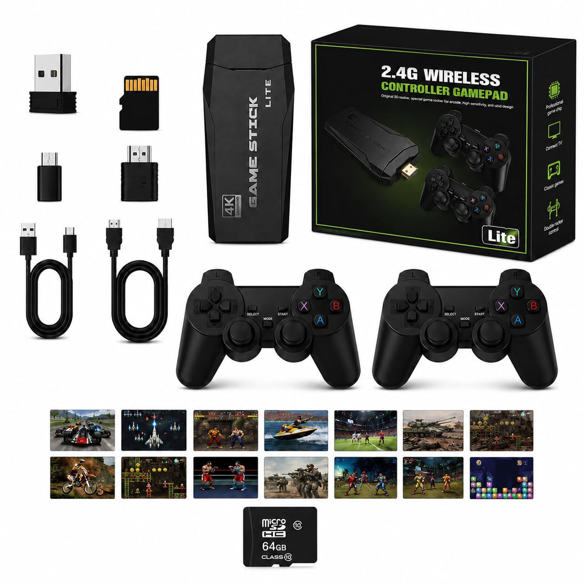 Wireless Retro Game Console Stick with 2.4G Controllers, 4K HDMI, 32G C6072