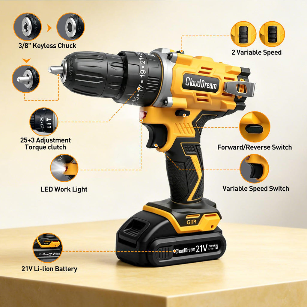 21V Cordless Drill Set with 2 Batteries and Charger Q96790