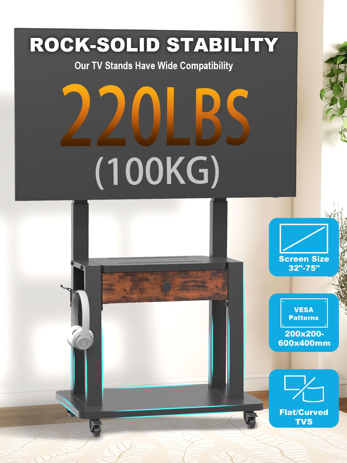 Rolling TV Stand with Fabric Drawer Storage for 32-75 Inch Flat/Curved Screen O56734