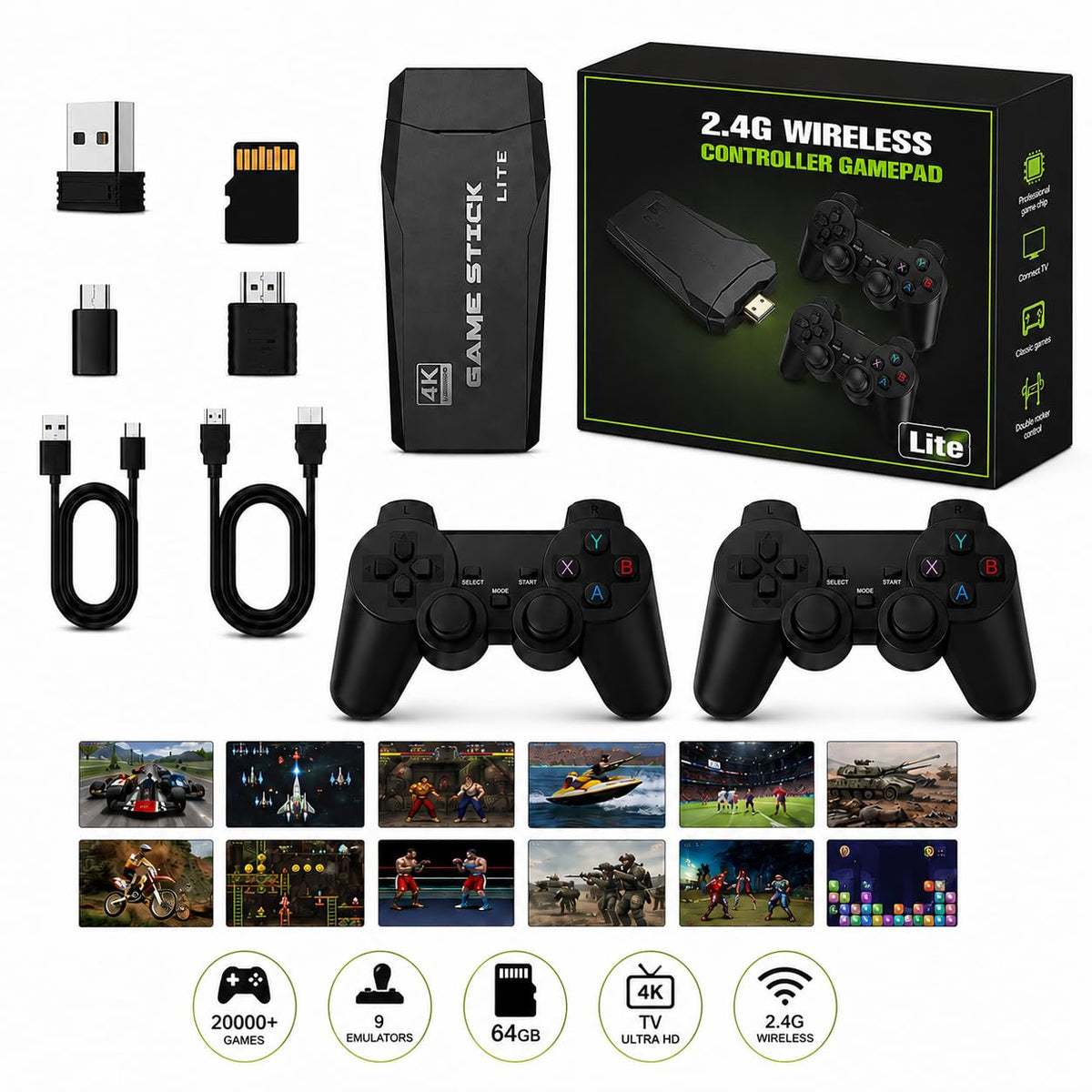 Wireless Retro Game Console Stick with 2.4G Controllers, 4K HDMI, 32G C6072