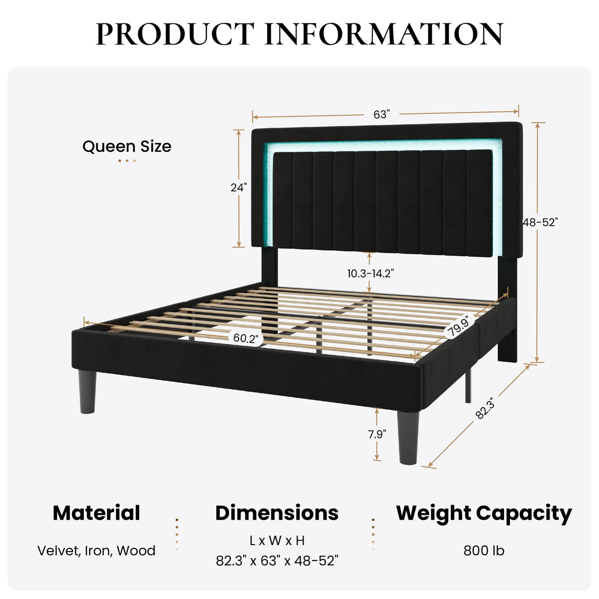 Queen Size Black Velvet Bed Frame with LED Light Y2726