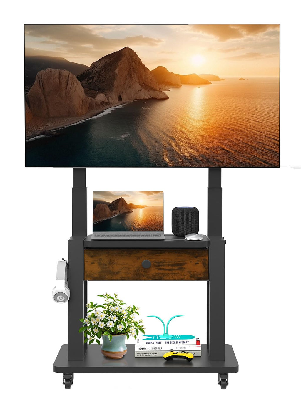 Rolling TV Stand with Fabric Drawer Storage for 32-75 Inch Flat/Curved Screen O56734