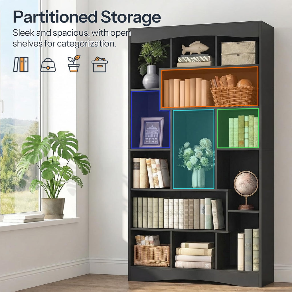 6-Tier Black Bookshelf with Open Shelves O13740