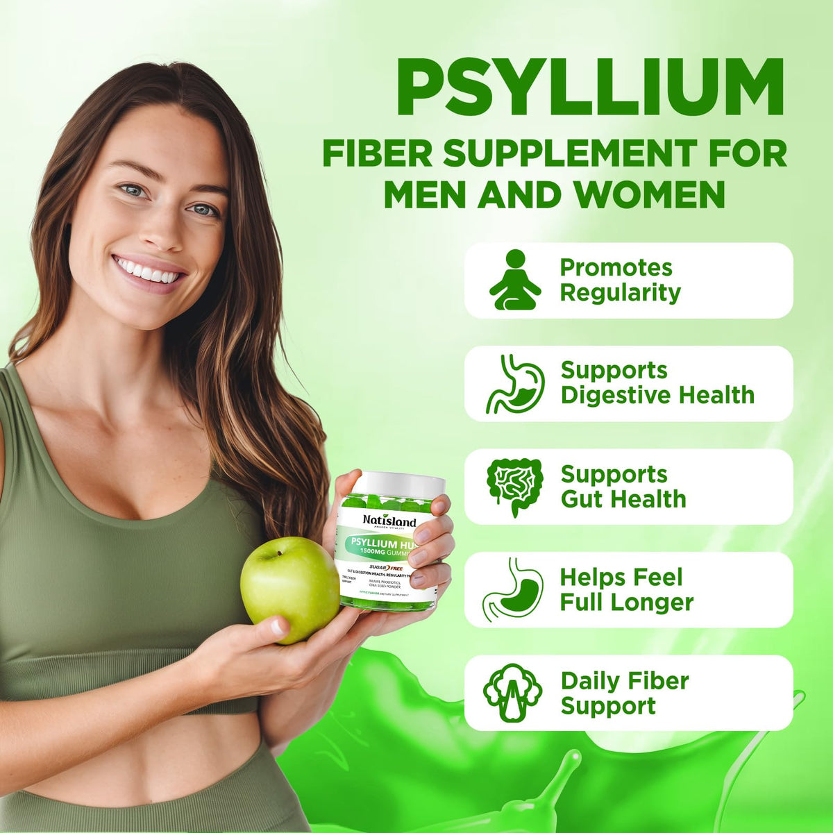 1500mg Psyllium Husk Fiber Gummies with Probiotics, Inulin, Chia Seed, Sugar Free, 60 Chewable Q83559