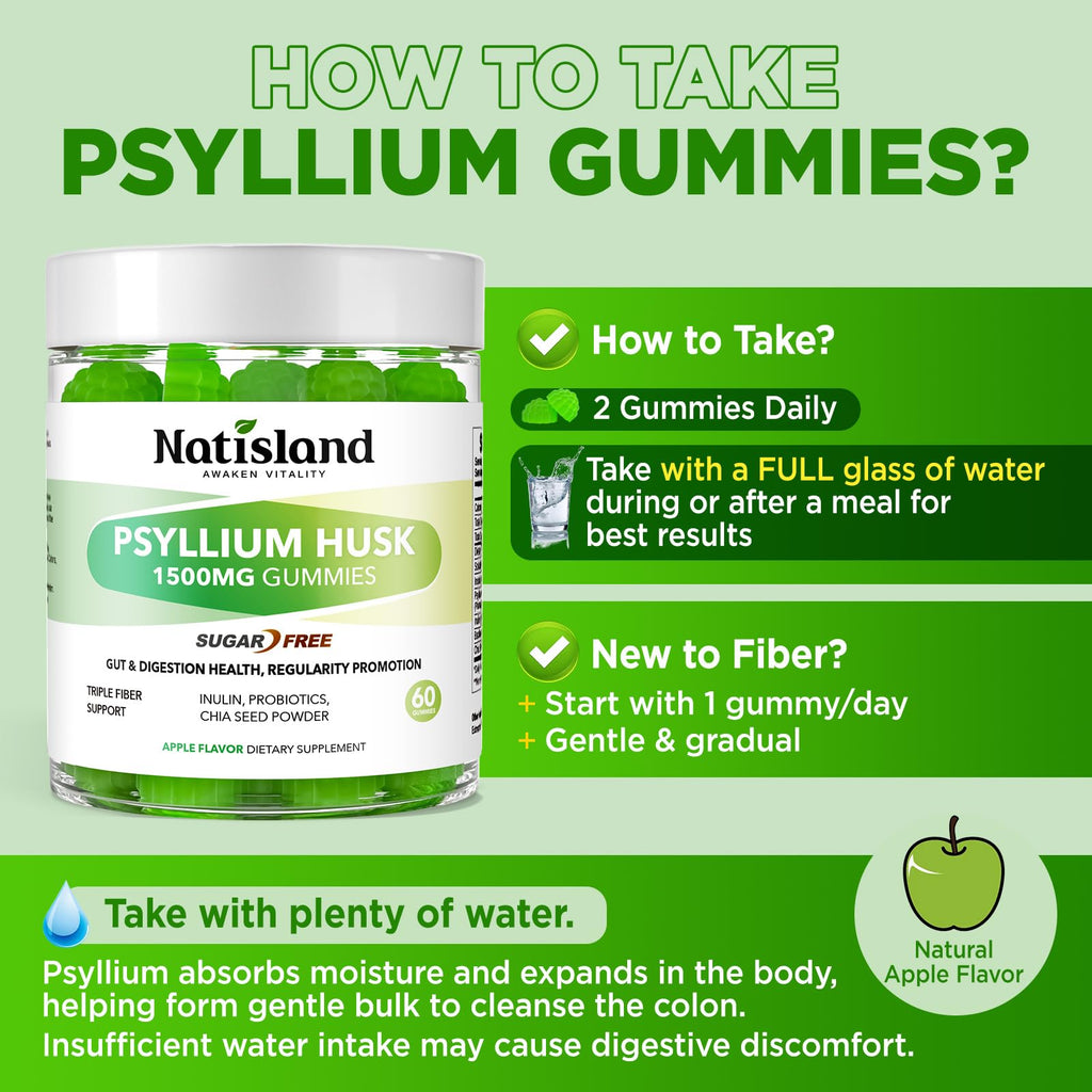 1500mg Psyllium Husk Fiber Gummies with Probiotics, Inulin, Chia Seed, Sugar Free, 60 Chewable Q83559