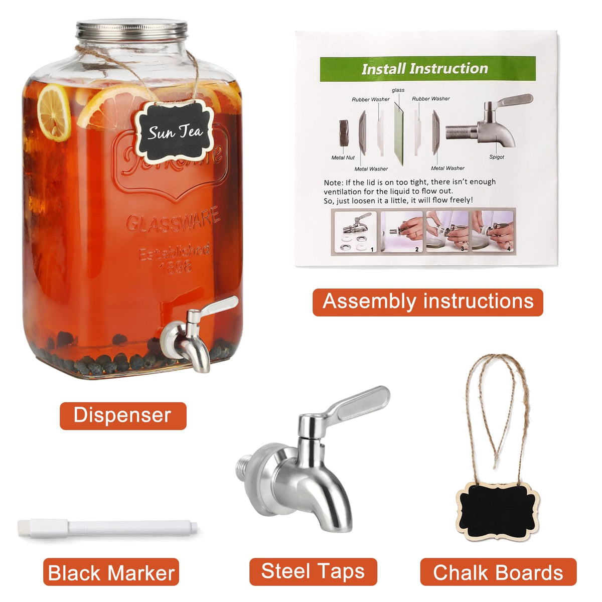 2 Gallon Glass Drink Dispenser with Stainless Steel Spigot and Lid S78390