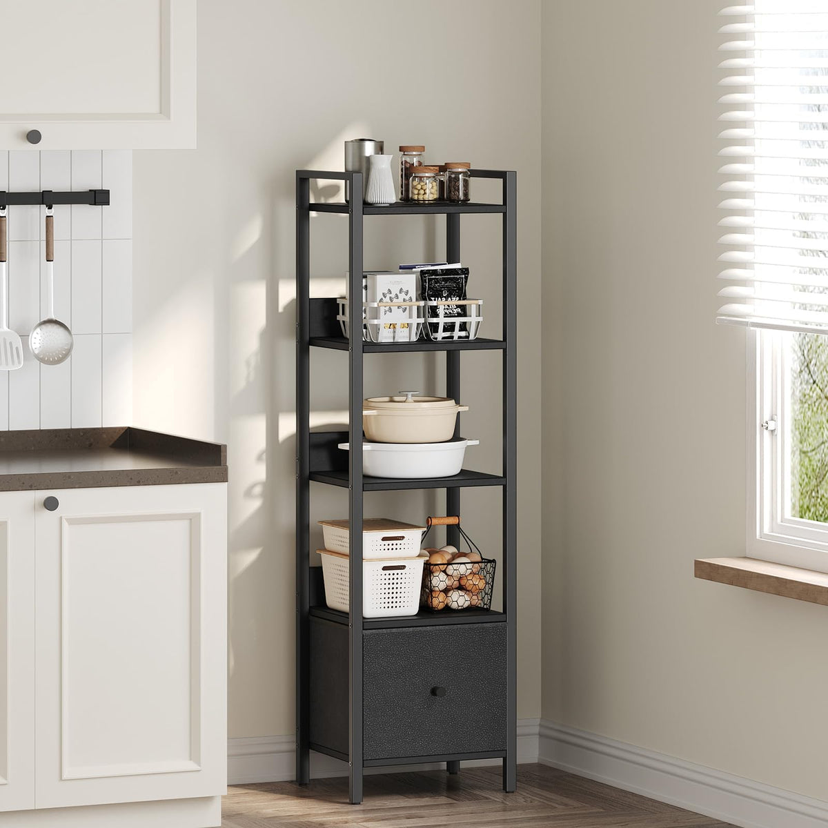 Black 5-Tier Bookshelf with Drawer Q46503