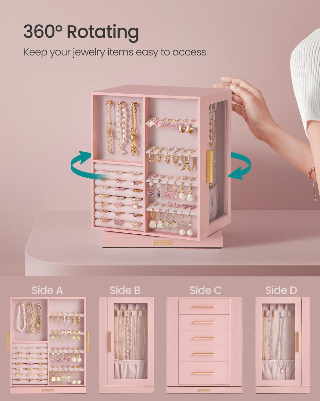 Jelly Pink 5 Drawers Rotating Jewelry Box Organizer Z8793