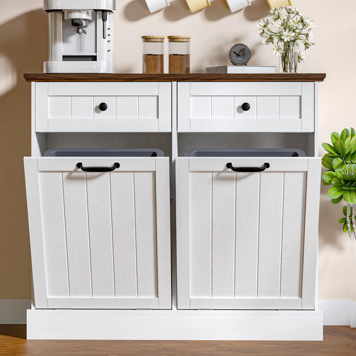 20 Gallons Tilt Out Trash Cabinet with Drawer, White I153214