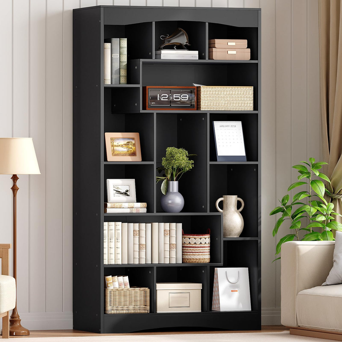 6-Tier Black Bookshelf with Open Shelves O13740