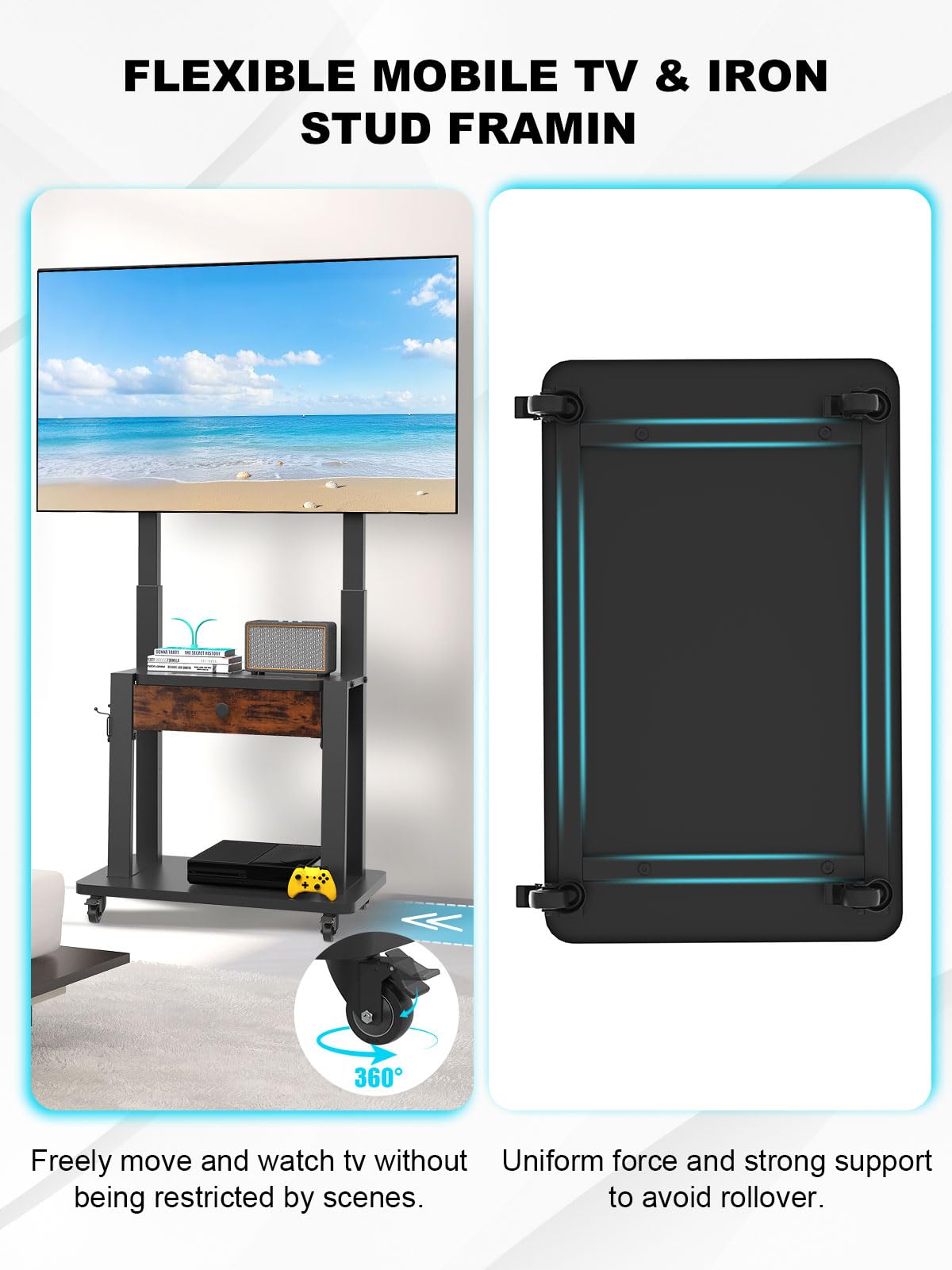 Rolling TV Stand with Fabric Drawer Storage for 32-75 Inch Flat/Curved Screen O56734