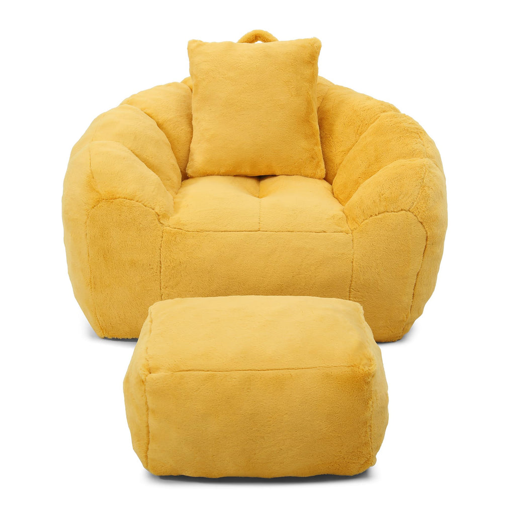 Yellow Faux Fur Memory Foam Bean Bag Chair with Footstool V524289