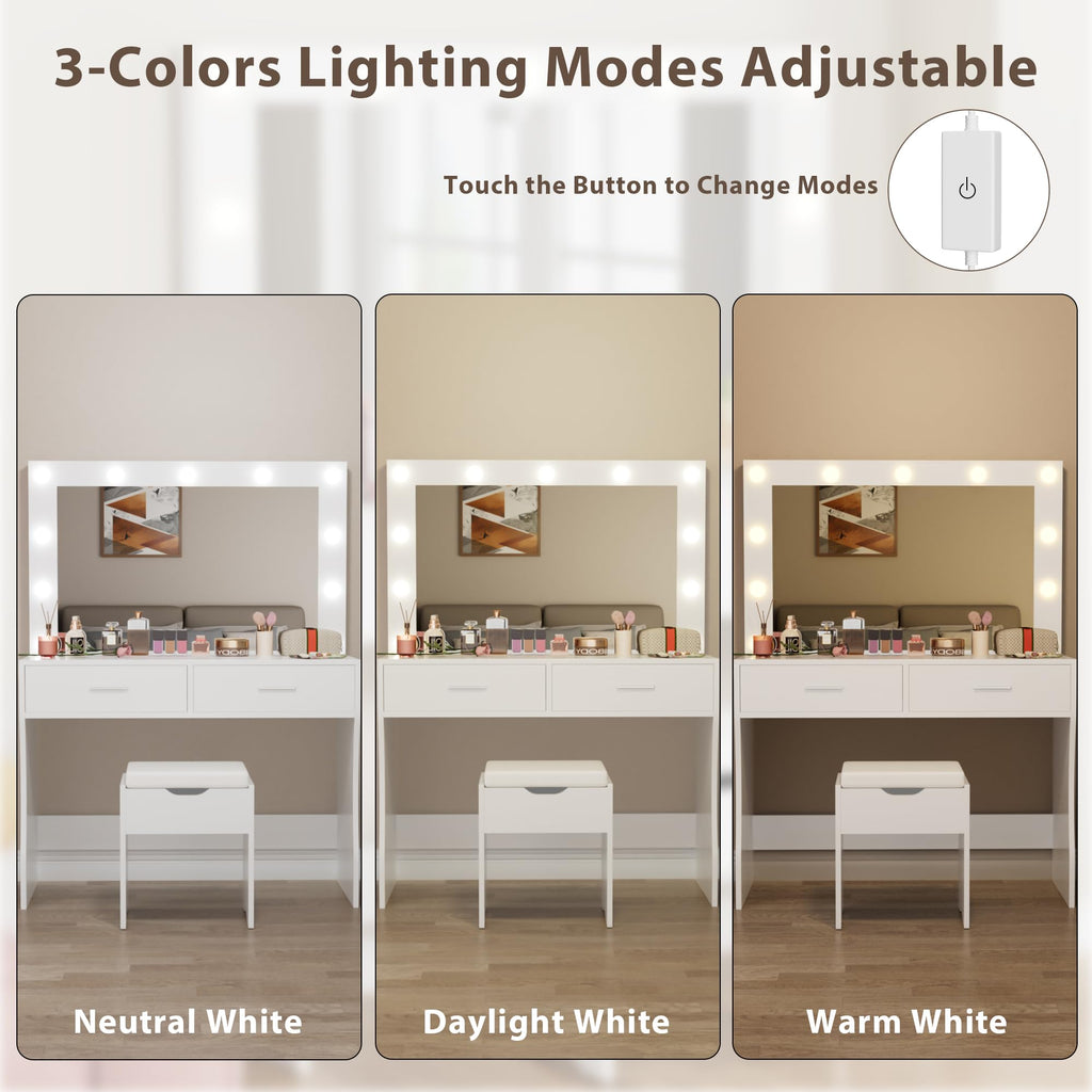 White Vanity Desk Set with Lighted Mirror and 2 Drawers F537
