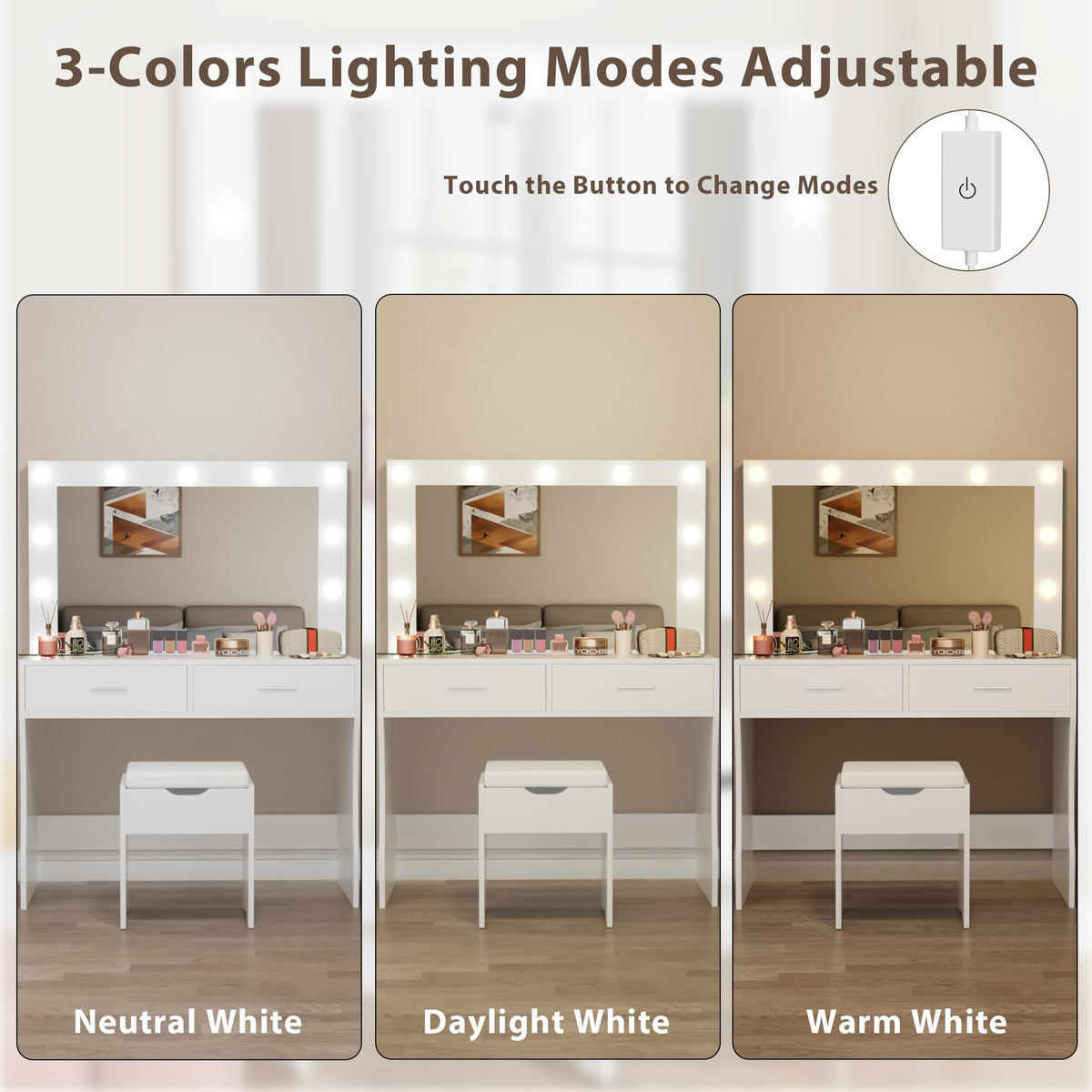 White Vanity Desk Set with Lighted Mirror and 2 Drawers F537