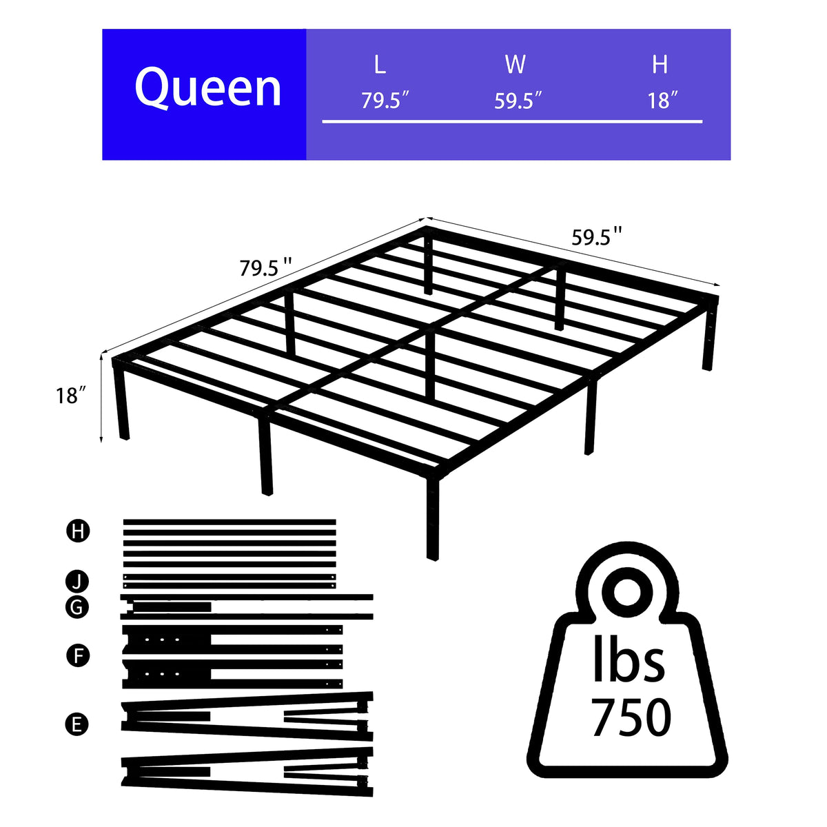 Queen Size Platform Bed Frame Steel Slat Support Black G3474