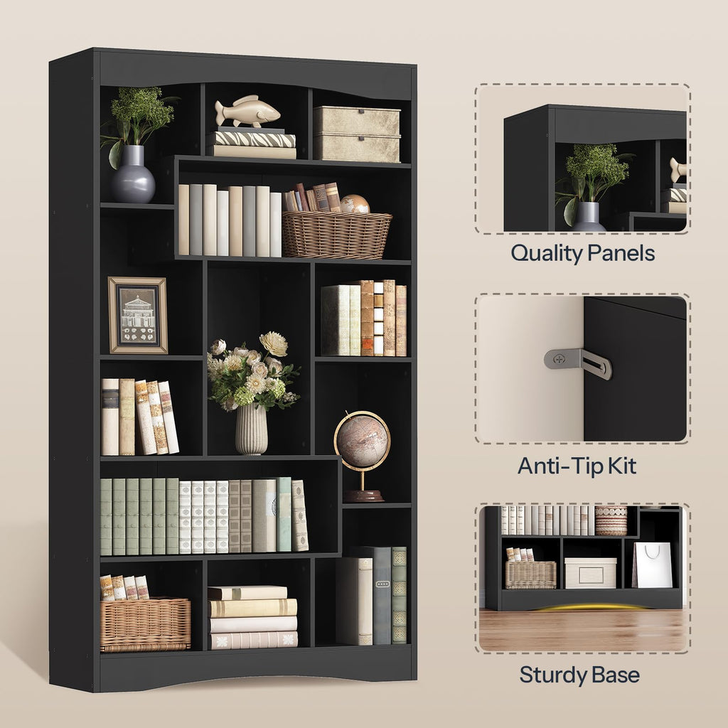 6-Tier Black Bookshelf with Open Shelves O13740