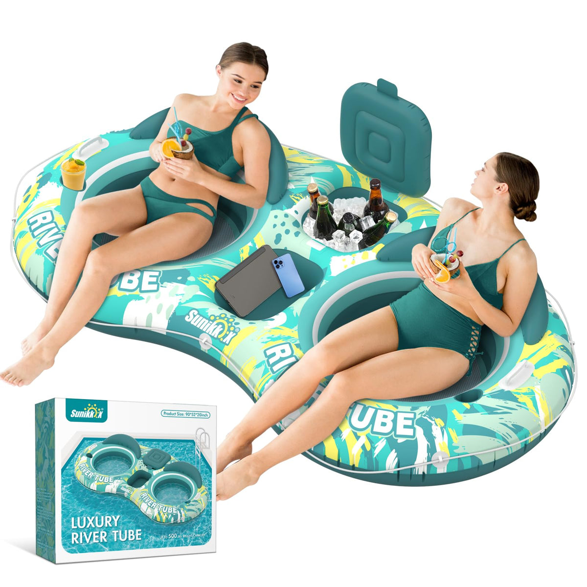 5-in-1 Pool Floats 2 Person River Tube with Backrests Built-in Cooler I917452
